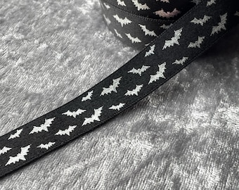 Gothic Bat Ribbon, 15mm Recycled Satin Ribbon, Foiled Silver Bats, Goth Gift Wrap, Emo Christmas Present, Spooky Valentine’s Halloween