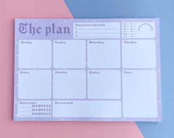 SECONDS SALE Weekly Planner, A4 Undated Old English Gothic Desk Pad, Lilac Pastel Goth Planner Organiser with Habit Tracker Journal