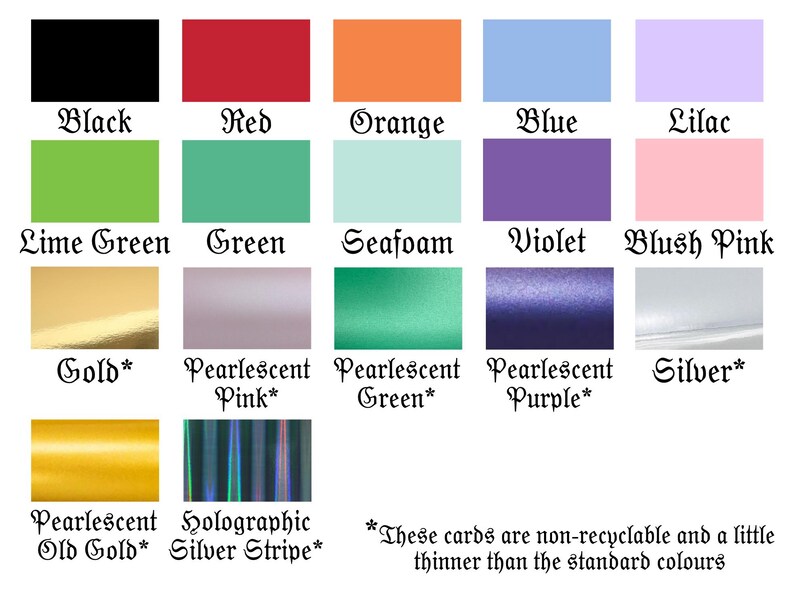 a collection of twelve different colored cards, each with a unique color and description. The cards are non-recyclable and have a much thinner lining than the standard colors.