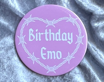 Pink Birthday Emo Large Button Badge with Barbed Wire Heart, Metalhead Birthday Button Badge, Black & White, Goth Birthday Pin Decor