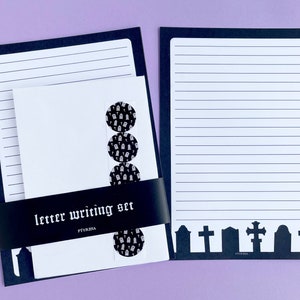 Letter Writing Set, Headstone Gothic Stationery Kit, A5 Lined Paper, Envelopes & Stickers, Recycled Goth Cute Gravestone Spooky Halloween