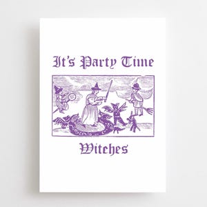 Gotische heks houtsnedekaart, gelukkige verjaardag, gefeliciteerd, It's Party Time heksen, grappige alternatieve kerst Goth Emo middeleeuwse kunst