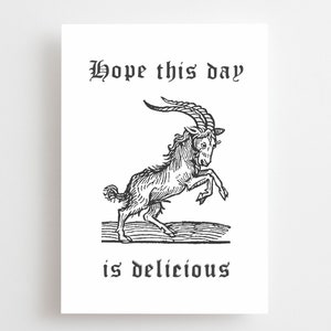 Hope This Day Is Delicious-kaart, gelukkige verjaardag, gefeliciteerd, Black Phillip, Live Deliciously Satan Goat Baphomet Horror Metal Goth Emo