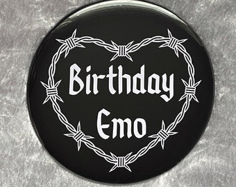 Large Birthday Emo Button Badge with Barbed Wire Heart, Alternative Birthday Badge, Metalhead Badge, Giant Black White Goth Party XL 6 inch