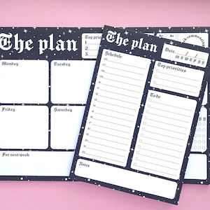 May include: Three black and white planner pages with a starry night background. The first page has a weekly schedule with Monday, Tuesday, Friday, and Saturday. The second page has a daily schedule with a section for top priorities and a to-do list. The third page has a section for notes.