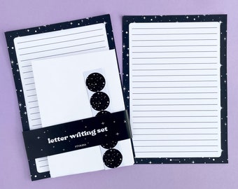 Letter Writing set, Starry Night Sky Gothic Stationery Kit, A5 Lined Paper, Envelopes & Stickers, Recycled Goth Kawaii Christmas Notepaper