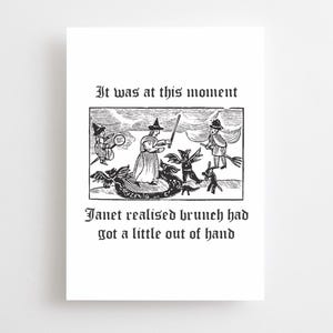 Biglietto di auguri con incisione su legno di strega, compleanno gotico, congratulazioni, regalo di ringraziamento, biglietto divertente, streghe danzanti, incisione medievale gotica emo, arte umoristica