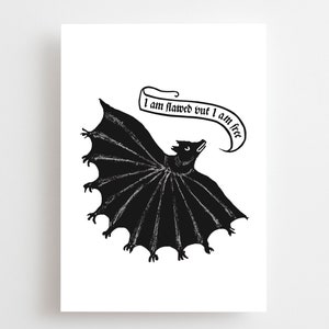 Middeleeuwse vleermuiskaart, grappige dieren kunstgeschiedenis, gefeliciteerd, bedankt, beterschap, gothic goth emo meme ik ben gebrekkig, maar ik ben vrij