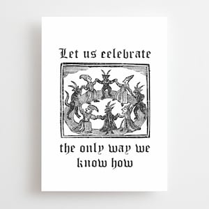 Biglietto di auguri in xilografia con strega gotica, buon compleanno, congratulazioni, festeggiamo, streghe danzanti, arte medievale emo gotica heavy metal