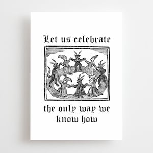 Gothic Witch Woodcut Greeting Card, Happy Birthday, Congratulations, Let’s Celebrate, Dancing Witches, Heavy Metal Goth Emo Medieval Art