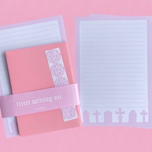 Pastel Goth Letter Writing Set, Pink Stationery, Writing Paper Envelopes Stickers Seals, Eco Witchy Headstone Graveyard Cemetery Print Emo