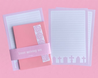 Pastel Goth Letter Writing Set, Pink Stationery, Writing Paper Envelopes Stickers Seals, Eco Witchy Headstone Graveyard Cemetery Print Emo