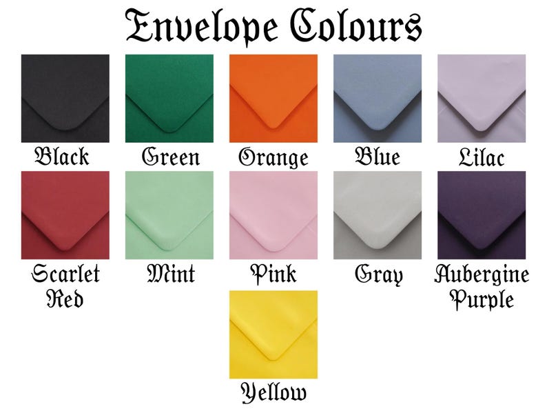a collection of envelope colors, including black, green, orange, blue, lilies, red, mint, pink, gray, aubergine purple, and yellow.