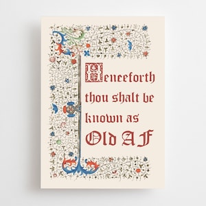 Middeleeuwse verjaardagskaart, grappige kaart, verlicht manuscript, middeleeuwen, kunstgeschiedenis 20 30 40 50 Voortaan zult gij bekend staan als oude AF