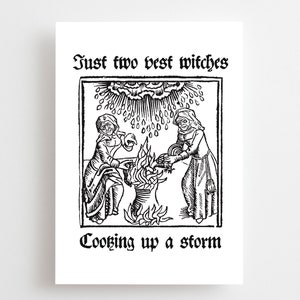 Beste Hexen Holzschnitt Grußkarte, Kochen ein Sturm, Freunde, Dankeschön, Geburtstag, Besties Horror Metal Goth Emo Mittelalter Kunstgeschichte