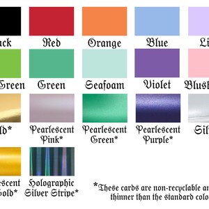 a collection of twelve different colored cards, each with a unique color and description. The cards are non-recyclable and have a much thinner lining than the standard colors.