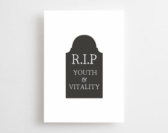 Headstone Birthday Card, Goth Funeral For My Youth, Heavy Metal, Gothic Emo Funny Birthday Card Gravestone 30 Thirtieth RIP Youth & Vitality