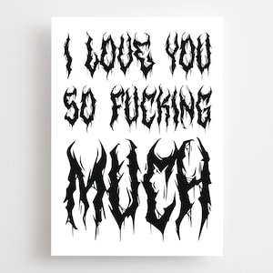 Heavy Metal-verjaardagskaart, Black Metal Valentines Card, Goth Gothic Emo Love Card, vriendin, vriend, partner, zwart-wit I Love You