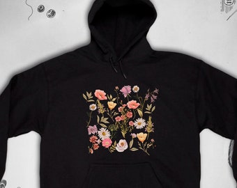 Flowers hoodie Trendy graphic design Aesthetic cute plants poppies wildflowers Botanical floral unisex sweatshirt with hood for Women Gift