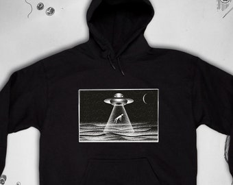 Alien hoodie Trendy graphic design UFO Space Nerdy illustration Cute unisex sweatshirt with hood for men Gift idea