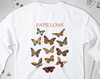 Brown Sweatshirt Embroidered Unisex Crewneck Butterflies 