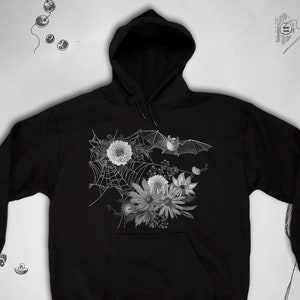 Bat hoodie Gothic graphic design Aesthetic bat flowers Edgy Goth Trendy unisex sweatshirt with hood Gift idea for Halloween