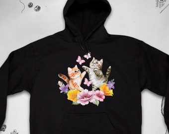 Gatinhos com capuz design gráfico moderno com gatos fofos flores de gatinho estética kawaii animais moletom unissex com capuz ideia de presente
