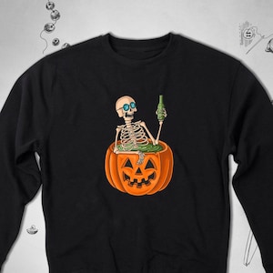 Pumpkin sweatshirt Halloween graphic design Trendy funny skeleton Halloween party Gothic cute crewneck sweatshirt Gift idea for Halloween