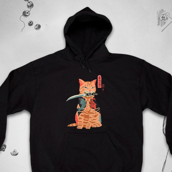 Cat hoodie Trendy Graphic Design Cute Japanese Funny Red Cat Aesthetic Samurai Cool Unisex sweatshirt with hood for Men Gift idea