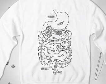 Sudadera de anatomía. Diseño gráfico para enfermeras y médicos. Tracto gastrointestinal. Sistema digestivo. Sudadera unisex de cuello redondo con temática médica.