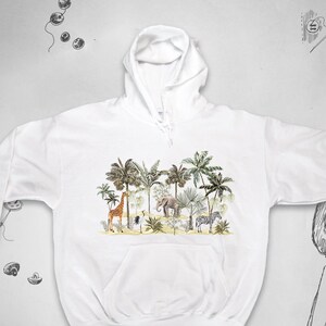 Jungle hoodie for Men Women Trendy Graphic Nature Aesthetic Animals Elephant Giraffe Zebra Trees Africa Zoology Unisex sweatshirt Gift idea