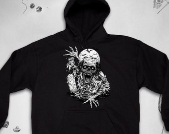 May include: Black hooded sweatshirt featuring a white graphic print of a zombie with a skull on its head.