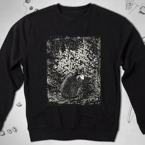Black cat sweatshirt Trendy graphic design Cat with flowers Aesthetic gothic unisex crewneck sweatshirt Cat lover gift idea