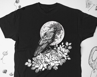 Raven shirt tshirt t shirt tee Goth Graphic Design shirt Roses Moon Aesthetic Gothic Bird Animal Crow Flowers Unisex shirt Gift