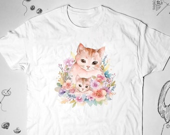 May include: White t-shirt with a watercolor illustration of a mother cat and her kitten surrounded by pink, purple, and blue flowers.