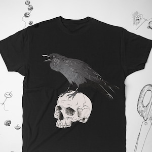 Raven shirt for Men Women Girls tee t shirt tshirt Goth Crow Graphic shirt Bird Gothic Halloween Skull Alan Poe Illustration Unisex shirt