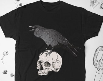 Raven shirt for Men Women Girls tee t shirt tshirt Goth Crow Graphic shirt Bird Gothic Halloween Skull Alan Poe Illustration Unisex shirt