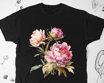Camiseta de peonías, diseño gráfico moderno con estética de flores rosas, tema de jardín, bonita camiseta unisex para mujer, idea de regalo
