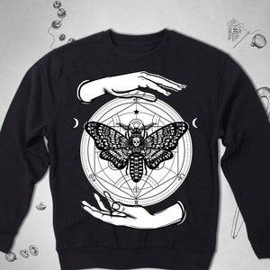 Moletom gótico Hawk Moth Alquimia Oculta Goth Mãos Lua Crânio Homens Mulheres Unissex moletom Bruxa Wicca Geométrica Morte Gráfico Moth jumper