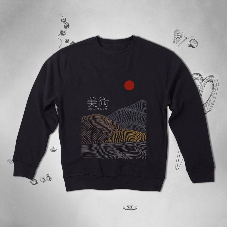 Japanese sweatshirt sweater Aesthetic sweatshirt Japan Abstract Nature Mountains Sunset Trendy Graphic Design Unisex Crewneck sweater Gift image 1