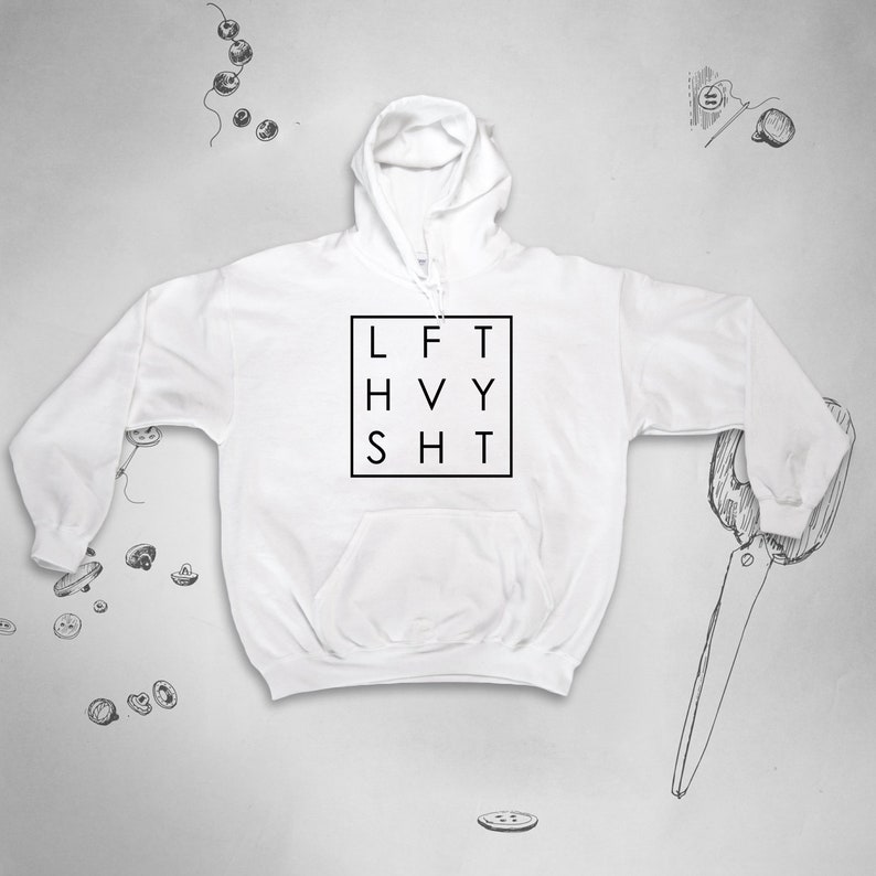 May include: White hooded sweatshirt with a black square graphic that says "LFT HVY SHT" in all caps.