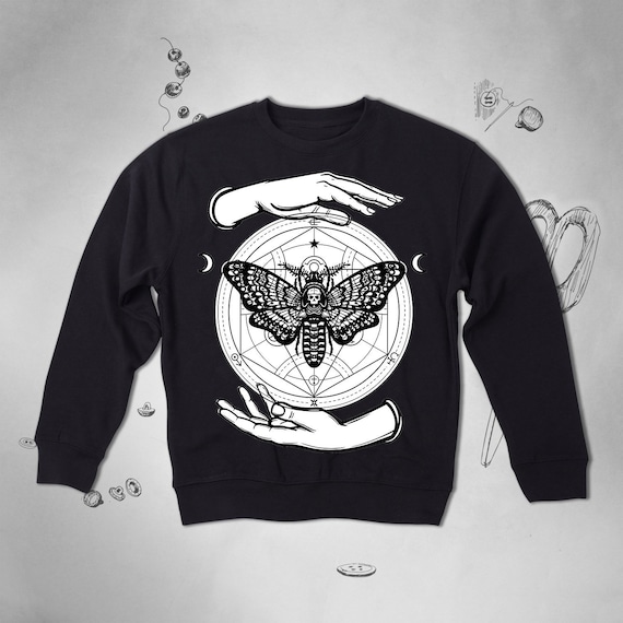 Hawk Moth Gothic sweatshirt Occult Alchemy Goth Hands Moon Skull Men Women Unisex sweatshirt Witch Wicca Geometric Death Graphic Moth jumper