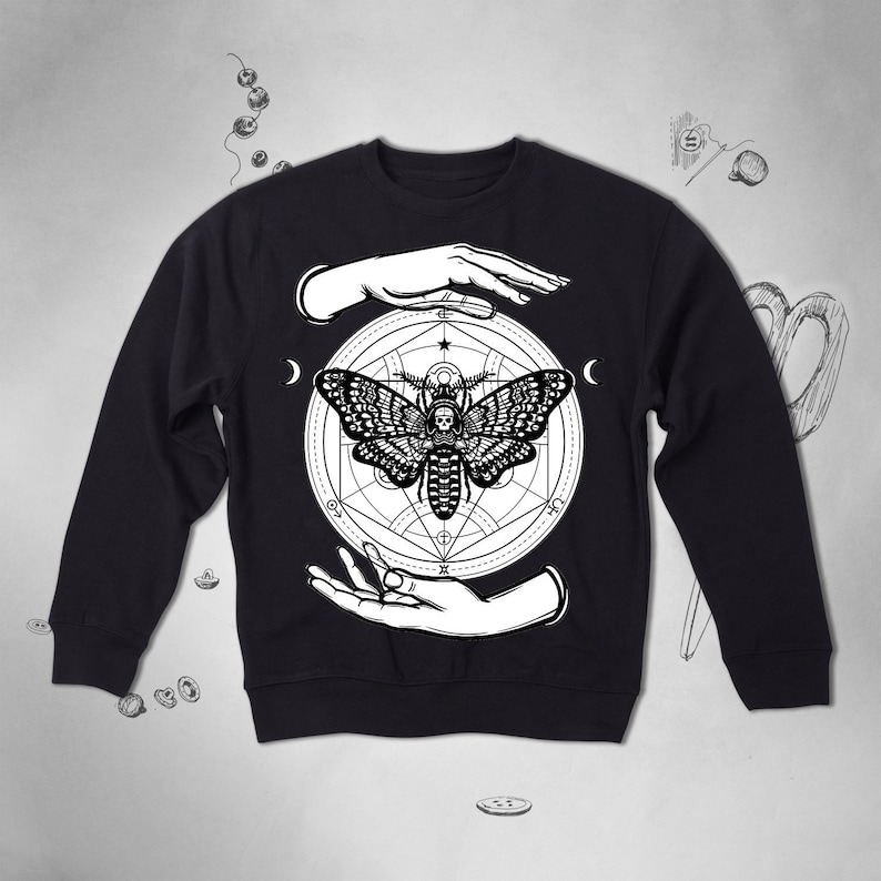 Hawk Moth Gothic sweatshirt Occult Alchemy Goth Hands Moon Skull Men Women Unisex sweatshirt Witch Wicca Geometric Death Graphic Moth jumper image 1