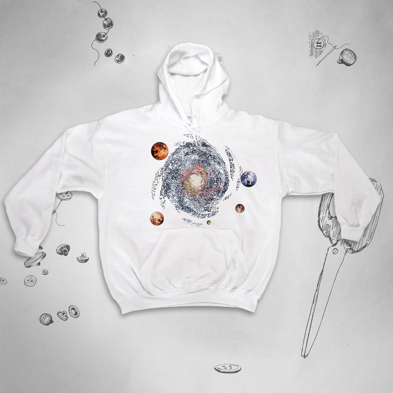 May include: White hooded sweatshirt with a galaxy print and planets in shades of blue, orange, and brown.