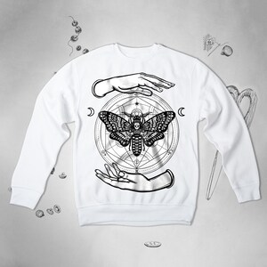 Hawk Moth Gothic sweatshirt Occult Alchemy Goth Hands Moon Skull Men Women Unisex sweatshirt Witch Wicca Geometric Death Graphic Moth jumper image 2