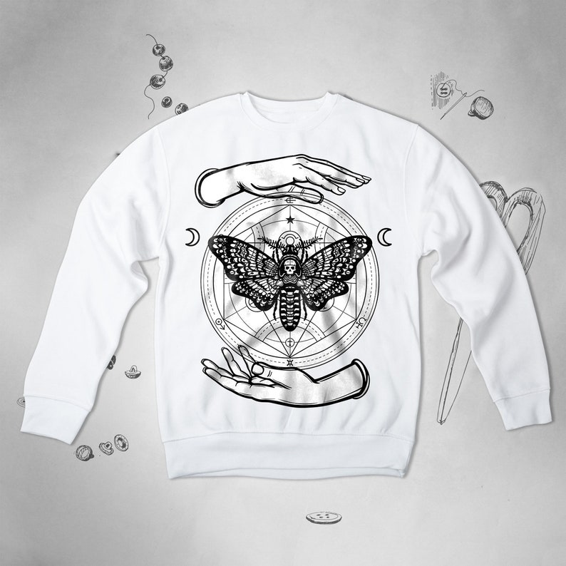 Hawk Moth Gothic sweatshirt Occult Alchemy Goth Hands Moon Skull Men Women Unisex sweatshirt Witch Wicca Geometric Death Graphic Moth jumper image 2
