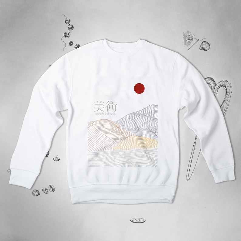 Japanese sweatshirt sweater Aesthetic sweatshirt Japan Abstract Nature Mountains Sunset Trendy Graphic Design Unisex Crewneck sweater Gift image 2