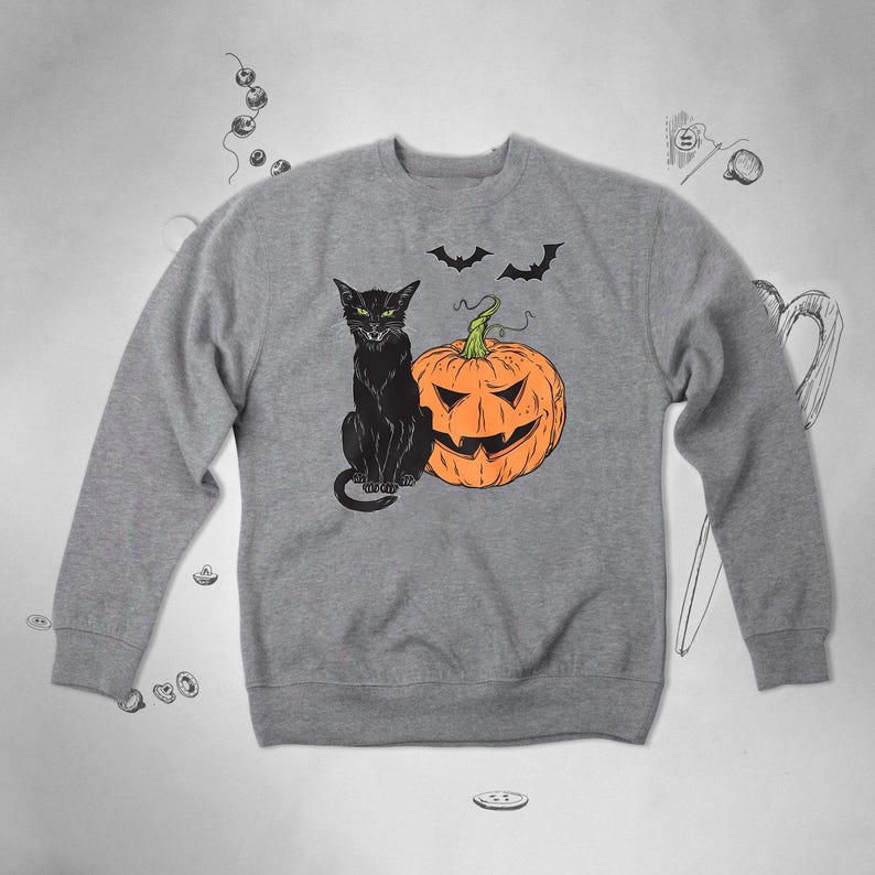 Halloween Sweatshirt Trendy Graphic Design With Pumpkin Black Cat Fall