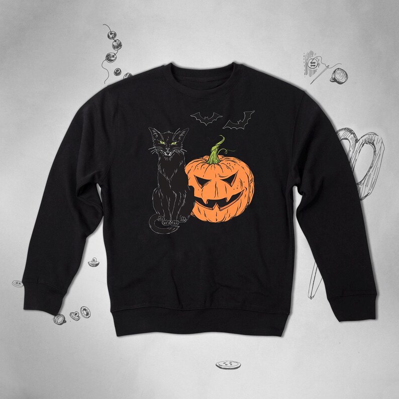 Halloween Sweatshirt Trendy Graphic Design With Pumpkin Black Cat Fall