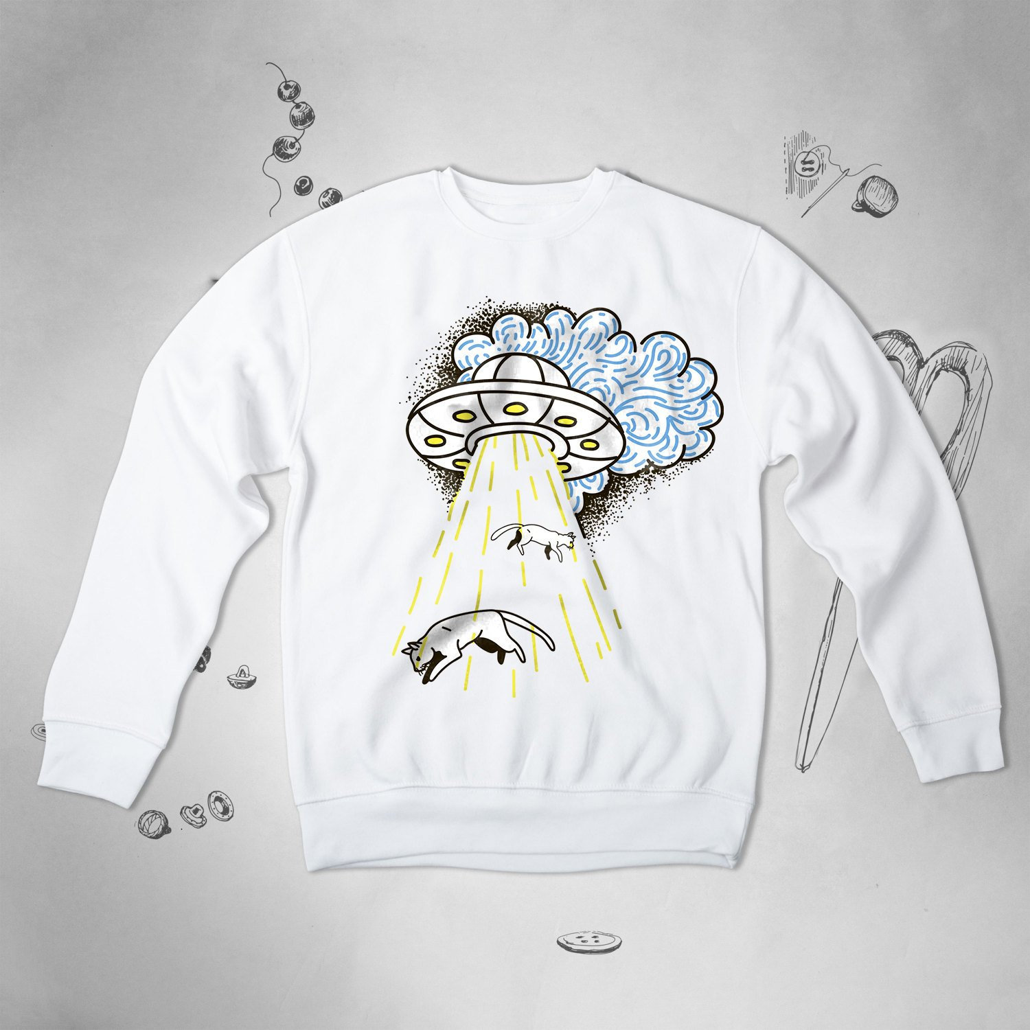 Cat Funny Alien Sweatshirt Kitten UFO Space Men Women Graphic ...